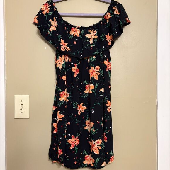 Forever 21 Women Black Orange Floral Off Shoulder Short Dress XL - Picture 1 of 6